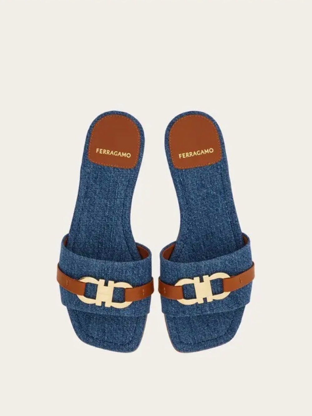 Salvatore Ferragamo Blue Denim and Brown Leather Slide Sandals